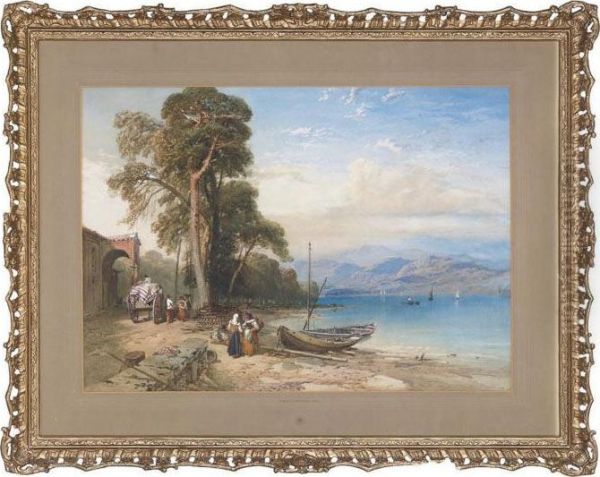 Figures Gossiping On The Edge Of An Italian Lake Oil Painting by Thomas Miles Richardson