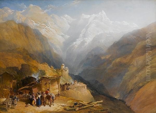 An Alpine Village The Foreground On A Separate Sheet, Attached To The Background Oil Painting by Thomas Miles Richardson