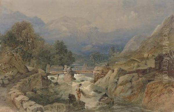 An Angler Contemplating The Fishing Pool Oil Painting by Thomas Miles Richardson