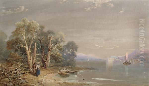 View Of A Lake With A Town In The Distance Oil Painting by Thomas Miles Richardson