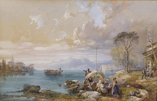 Italian Lake Scene With Boats And Figures Oil Painting by Thomas Miles Richardson