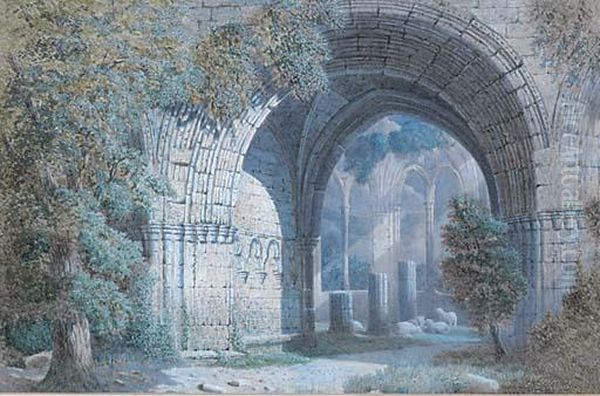 Shaft Of Sunlight In A Ruined Abbey Oil Painting by Thomas Miles Richardson