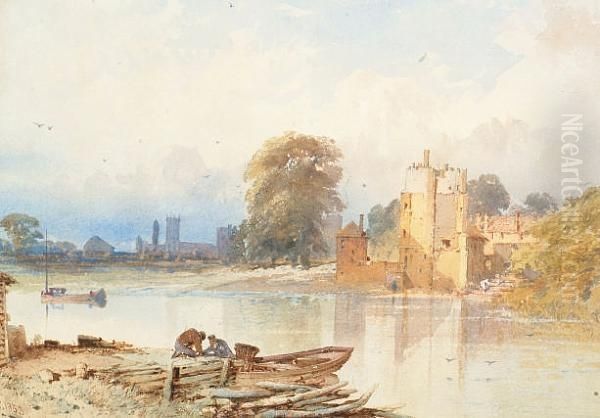 River Scene With Figures In Rowing Boat, And Buildings Beyond Oil Painting by Thomas Miles Richardson