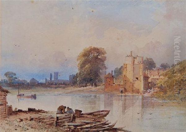 River Landscape With Tower And Figures On A Jetty Oil Painting by Thomas Miles Richardson