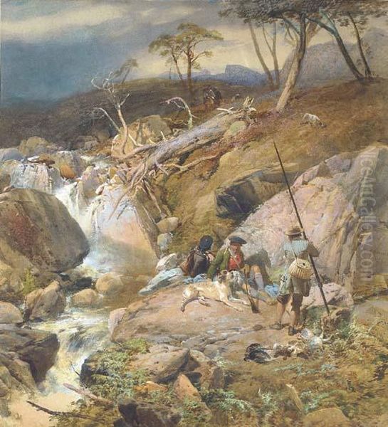 A Highland Burn With An Angler 
Conversing With Two Gillies Other Sportsmen Can Be Seen Approaching From
 The Distance Oil Painting by Thomas Miles Richardson