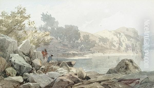 Two Figures With A Dinghy On A Rocky Shore Oil Painting by Thomas Miles Richardson