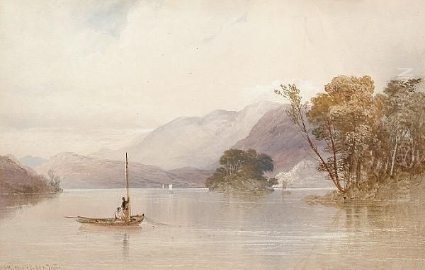 Fishing Off A Boat In The Lake District Oil Painting by Thomas Miles Richardson