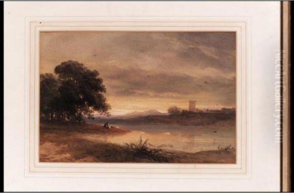 A Fisherman On A River With A Castle And Mountains Beyond Oil Painting by Thomas Miles Richardson