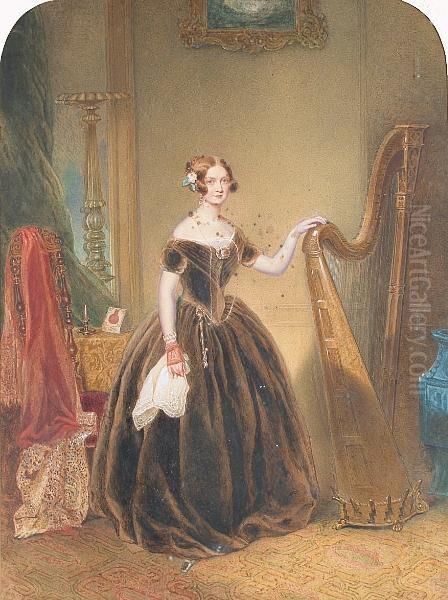 An Elegant Harpist In An Interior. Oil Painting by George Richmond