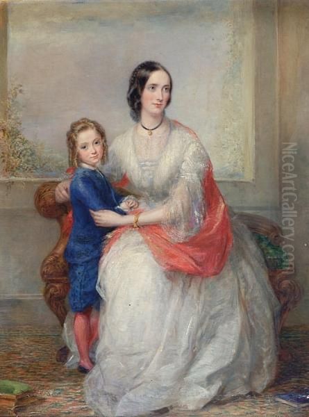 Portrait Of Emmeline Gibb, Wife 
Of Col Charles Gibb, And Her Son Francis, Seated In An Interior Oil Painting by George Richmond