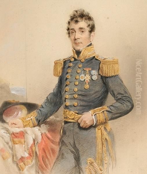 A Portrait Of William 8th Earl Waldegrave Standing Three-quarter Length In Naval Uniform Oil Painting by George Richmond