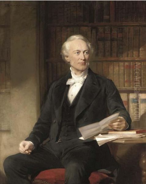 Portrait Of Octavius Wigram, 
Three-quarter-length, Seated In Ablack Suit, Holding A Letter, In A 
Library Oil Painting by George Richmond