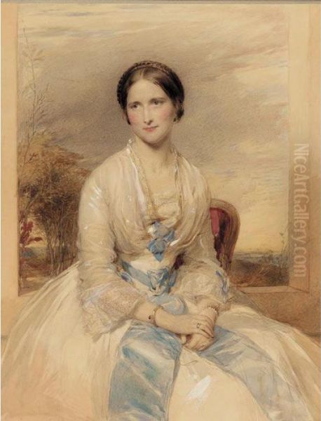 Portrait Of A Young Lady In A 
White Dress With A Blue Sash, On A Terrace, A Landscape Beyond Oil Painting by George Richmond