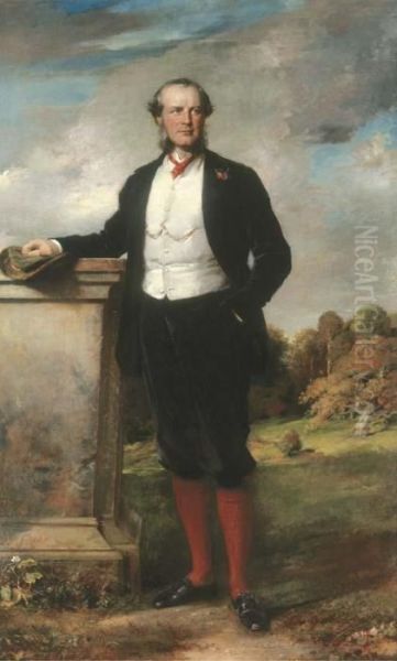 Portrait Of Beilby Richard 
Lawley, 2nd Baron Wenlock, Full-length, In A Brown Suit With A White 
Waistcoat, Standing On The Terrace At Escrick Hall Oil Painting by George Richmond