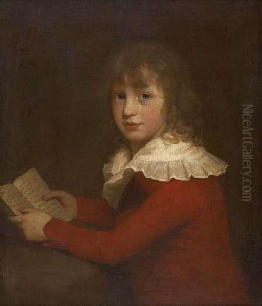 Portrait Of A Young Boy In A Red Jacket Reading Oil Painting by George Romney