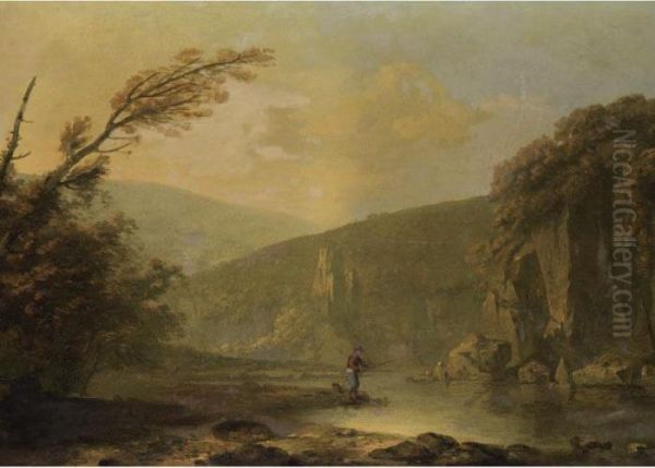 A Landscape With A Man Fishing Oil Painting by George Romney