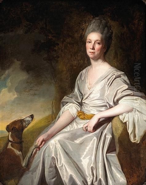 A Portrait Of Mrs. Horton Seated In A Landscape With A Greyhound At Her Feet Oil Painting by George Romney