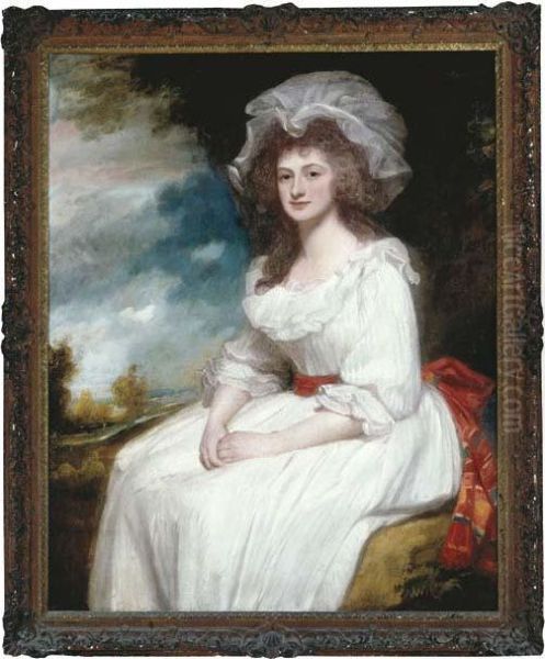 Portrait Of Mrs. Anne Blackburn,
 Three-quarter Length, In A Whitedress, A Landscape Beyond Oil Painting by George Romney