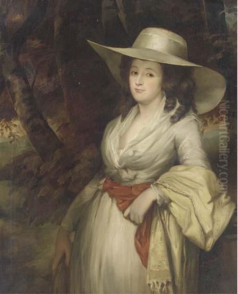 Portrait Of A Lady, Three-quarter-length, In A White Dress Andstraw Hat Oil Painting by George Romney