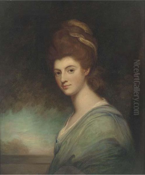 Portrait Of A Lady, Bust-length, In A Turquoise Dress Oil Painting by George Romney