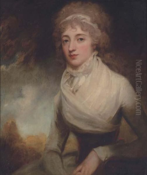 Portrait Of A Lady In A White Dress, Half Length, Seated In Alandscape Oil Painting by George Romney