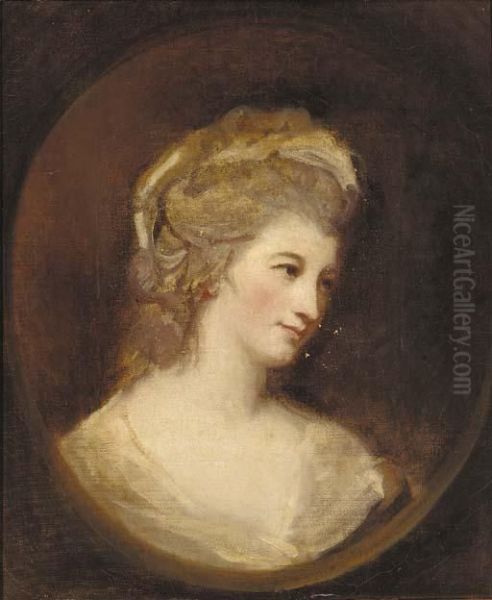 Portrait Of A Lady, Quarter-length, In A White Dress, Feigned Oval Oil Painting by George Romney