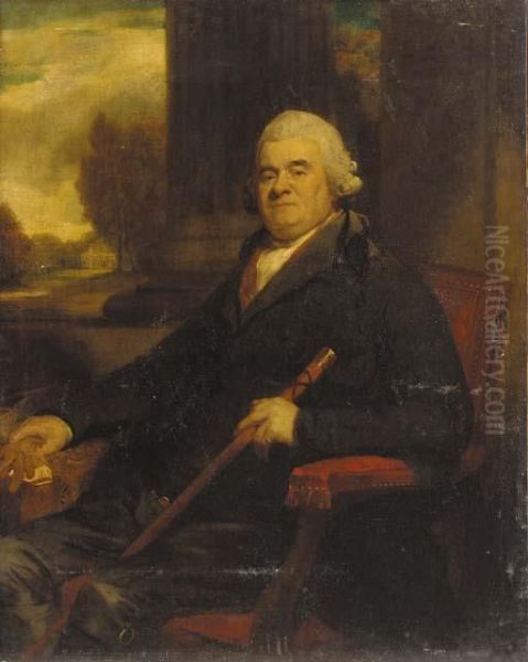 Portrait Of Sir Benjamin Truman,
 Seated Three-quarter-length, In A Dark Green Coat, Holding A Cane In 
His Left Hand, A Country House Beyond Oil Painting by George Romney