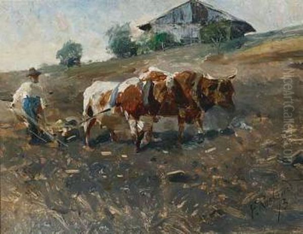 Farmer Ploughing With Oxen Oil Painting by Franz Roubaud