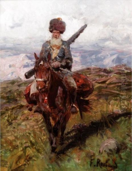 Cossack On Horseback Oil Painting by Franz Roubaud