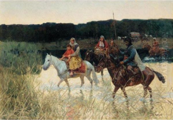 Crossing The River Oil Painting by Franz Roubaud