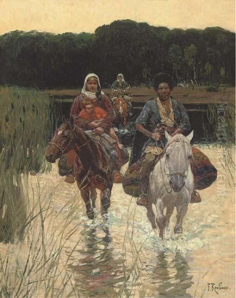 A Cherkesse Family Fording A River Oil Painting by Franz Roubaud