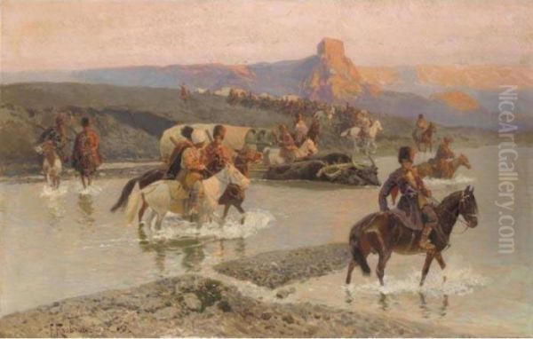 Cossacks Crossing The Fjord Oil Painting by Franz Roubaud