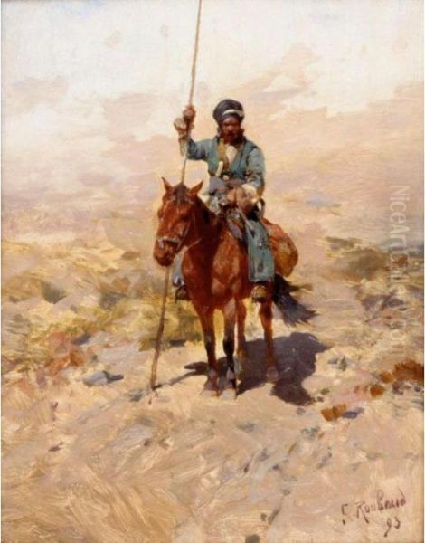 Lone Cossack Horseman Oil Painting by Franz Roubaud