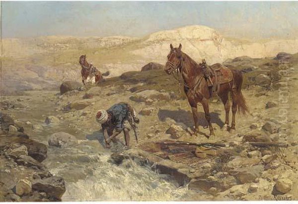 Horsemen At A River Oil Painting by Franz Roubaud