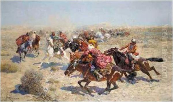 Fighting Cossacks Oil Painting by Franz Roubaud