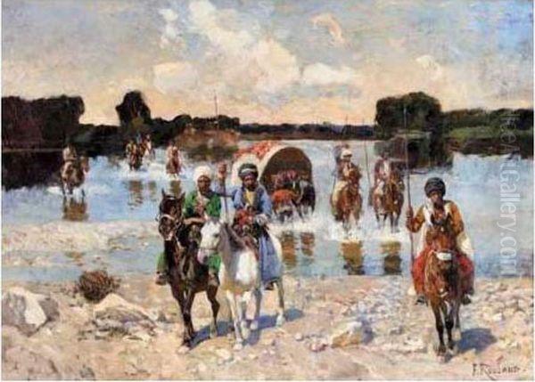 Caucasian Warriors Crossing The River Oil Painting by Franz Roubaud