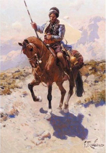 Lone Caucasian Warrior On Horseback Oil Painting by Franz Roubaud