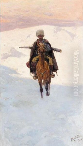 Mounted Cossack On A Mountain Pass Oil Painting by Franz Roubaud