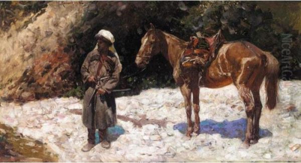 Cossack Leading His Horse Oil Painting by Franz Roubaud