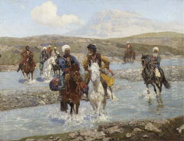 Kozaks Crossing The River Oil Painting by Franz Roubaud