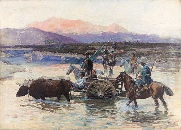 Crossing The River Oil Painting by Franz Roubaud