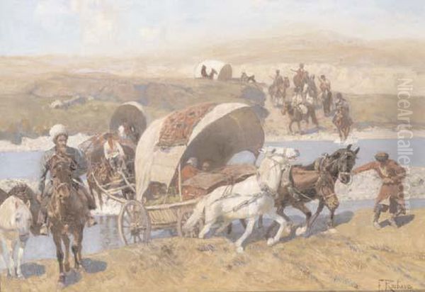 Kosaks On The Move Oil Painting by Franz Roubaud