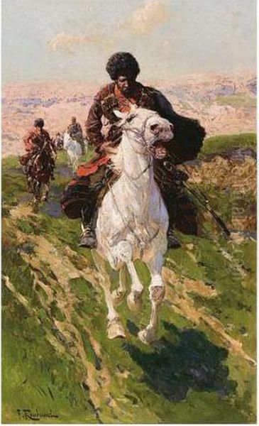 Charging Cossacks Oil Painting by Franz Roubaud