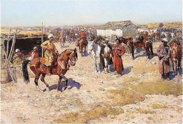 Central Asian Horse Market Oil Painting by Franz Roubaud