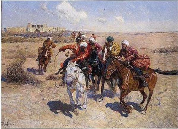 Charging Tajik Horsemen Oil Painting by Franz Roubaud