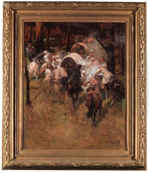 Cossack Attack On A Tsarist Convoy Oil Painting by Franz Roubaud