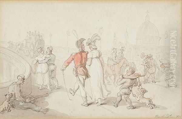 Figures Crossing The Blackfriar's Bridge Oil Painting by Thomas Rowlandson