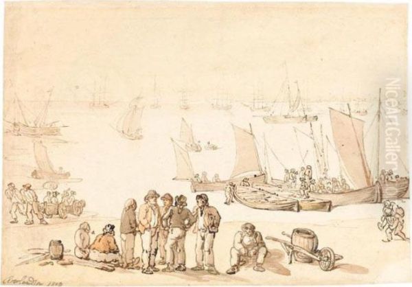 Sailors On The Shore, With A Fleet Of Ships In The Distance Oil Painting by Thomas Rowlandson