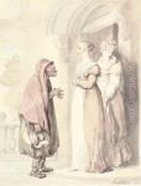 An Old Woman With Two Girls At A Doorway Oil Painting by Thomas Rowlandson