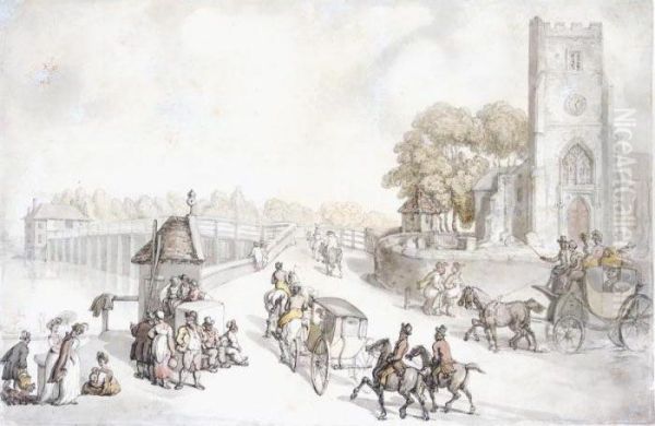 Putney Bridge From The South Side, London Oil Painting by Thomas Rowlandson